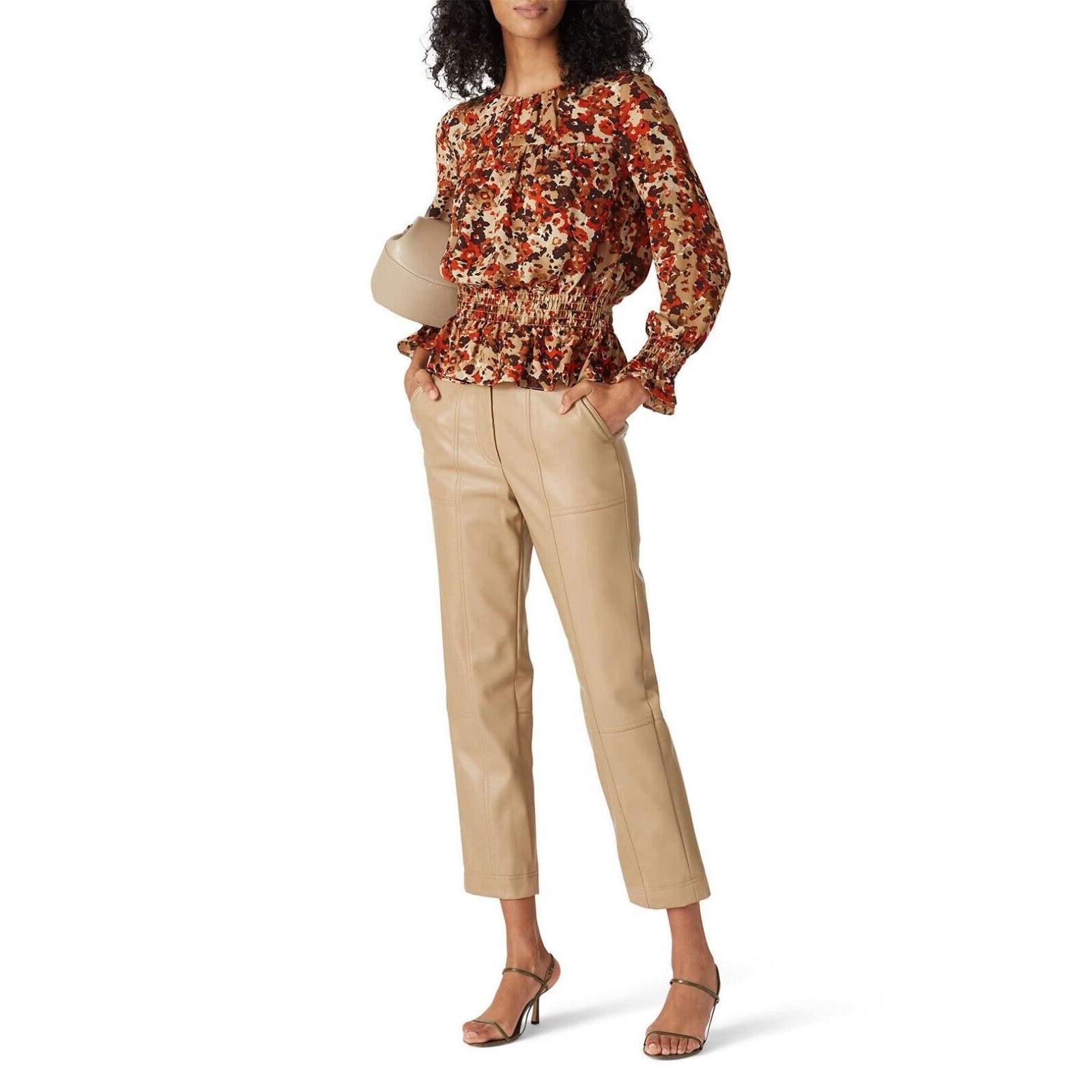 Rtr Victor Alfaro Brown Painted Feminine Floral Peplum Top Small Msrp $270